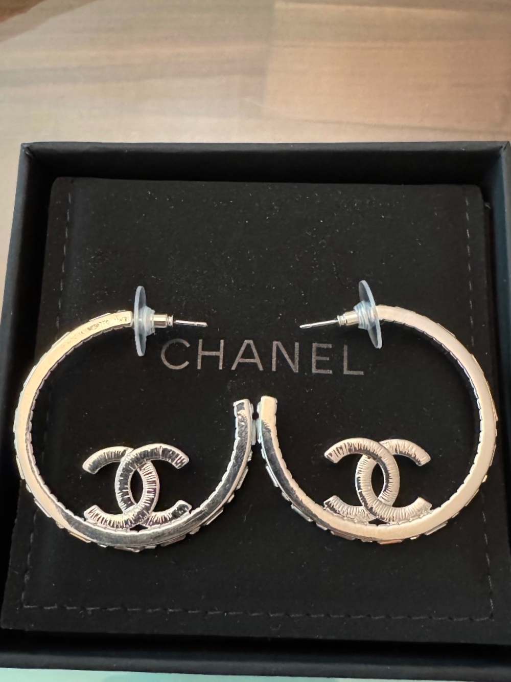 Super Rare Limited Edition Classic Chanel CC Logo Crystal Hoop Earrings